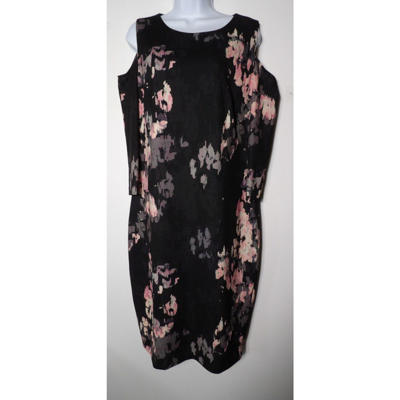 Jax Black Label Dress Sz 14 Midi Cold Shoulder Floral Black Zip Back Sheath - Picture 2 of 11